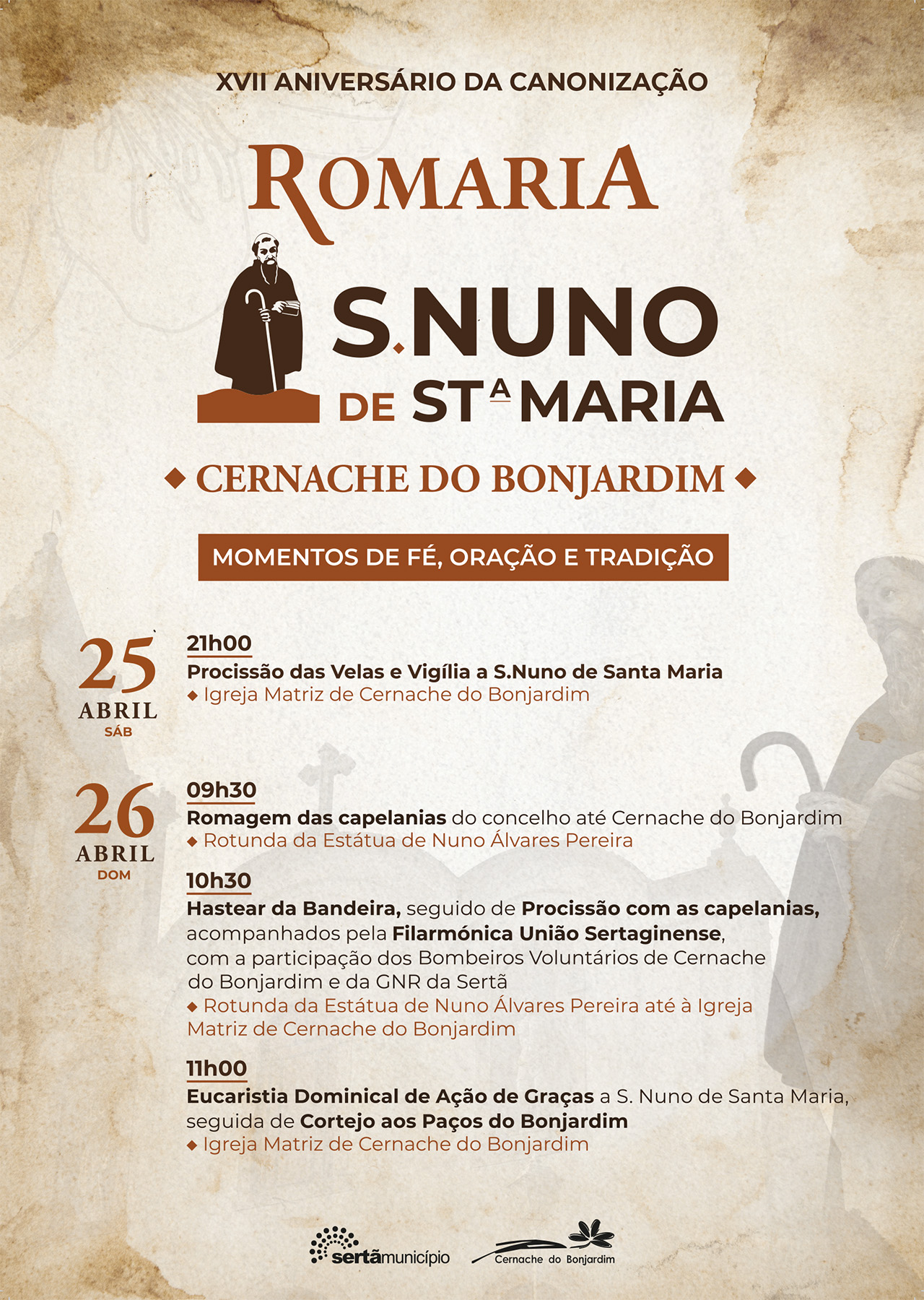 Cartaz da Romaria a São Nuno de Santa Maria em abril de 2026 - Cernache do Bonjardim; Sertã